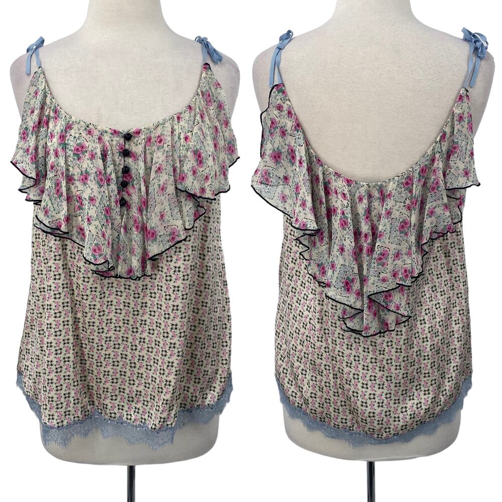 Anna Sui Silk Top Floral Geometric Mixed Print Ruffled Bodice Lace Trim Tank 4